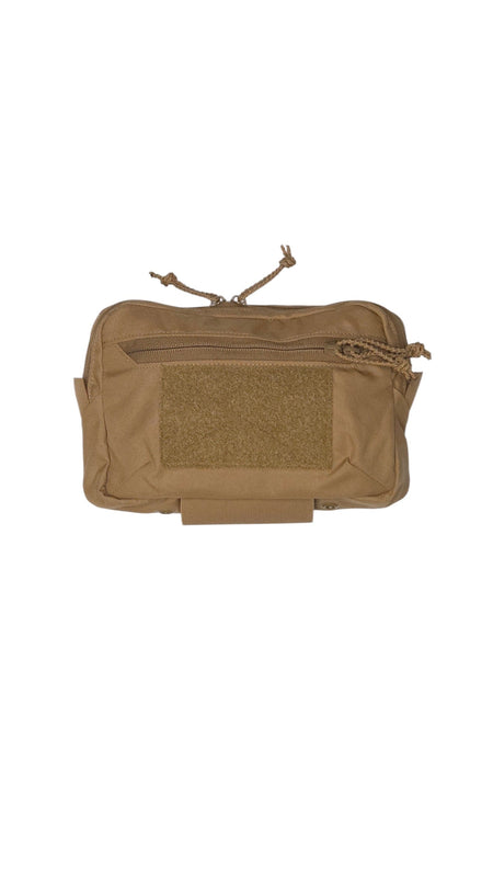 A tan tactical pouch with a front zipper pocket, a large velcro patch area, and a top drawstring closure, shown against a plain white background.