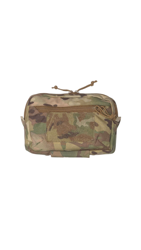 A tactical utility pouch in a multicam camouflage pattern, featuring a front zippered pocket and a top cord lock closure, shown against a plain white background.