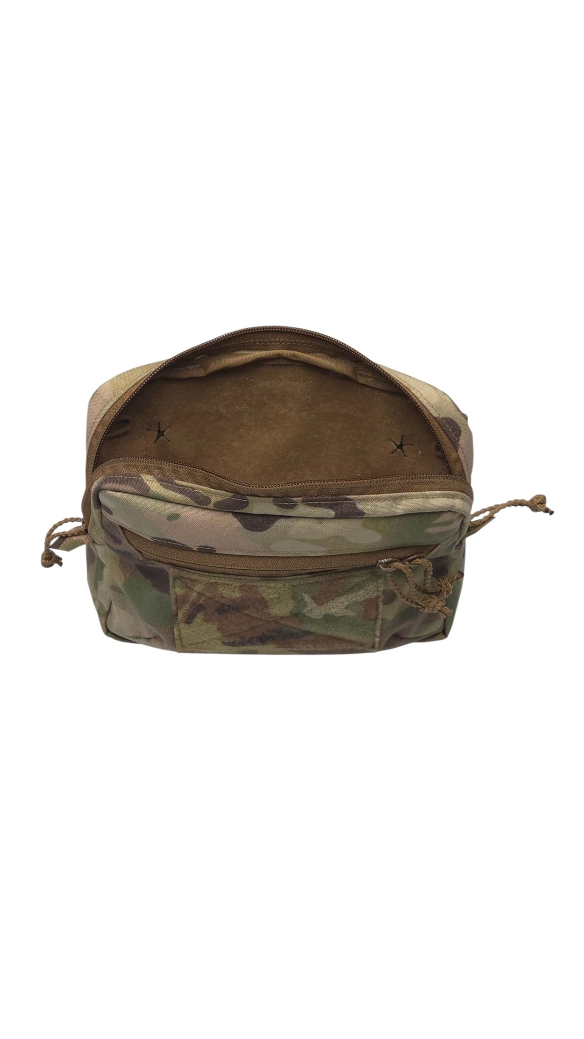 A tactical utility pouch in Multicam camouflage pattern, shown open against a plain white background.