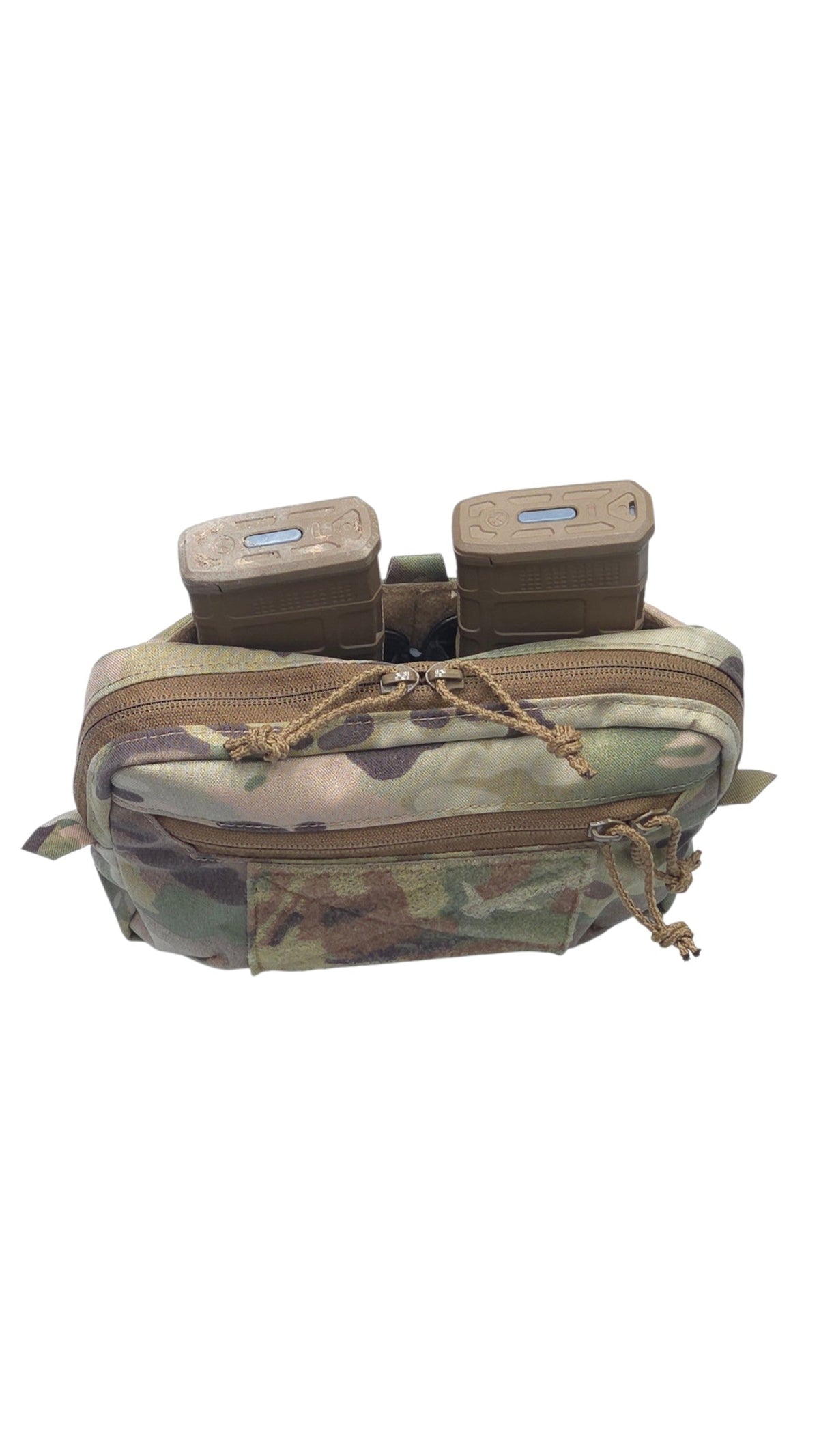 A tactical utility pouch in a camouflage pattern with two attached rectangular storage boxes on top, shown against a plain white background.