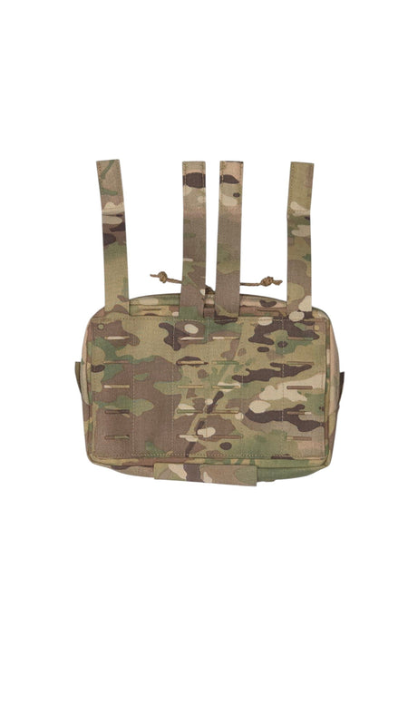 A tactical utility pouch in a MultiCam camouflage pattern, featuring four vertical MOLLE loops on the front, photographed against a solid white background.