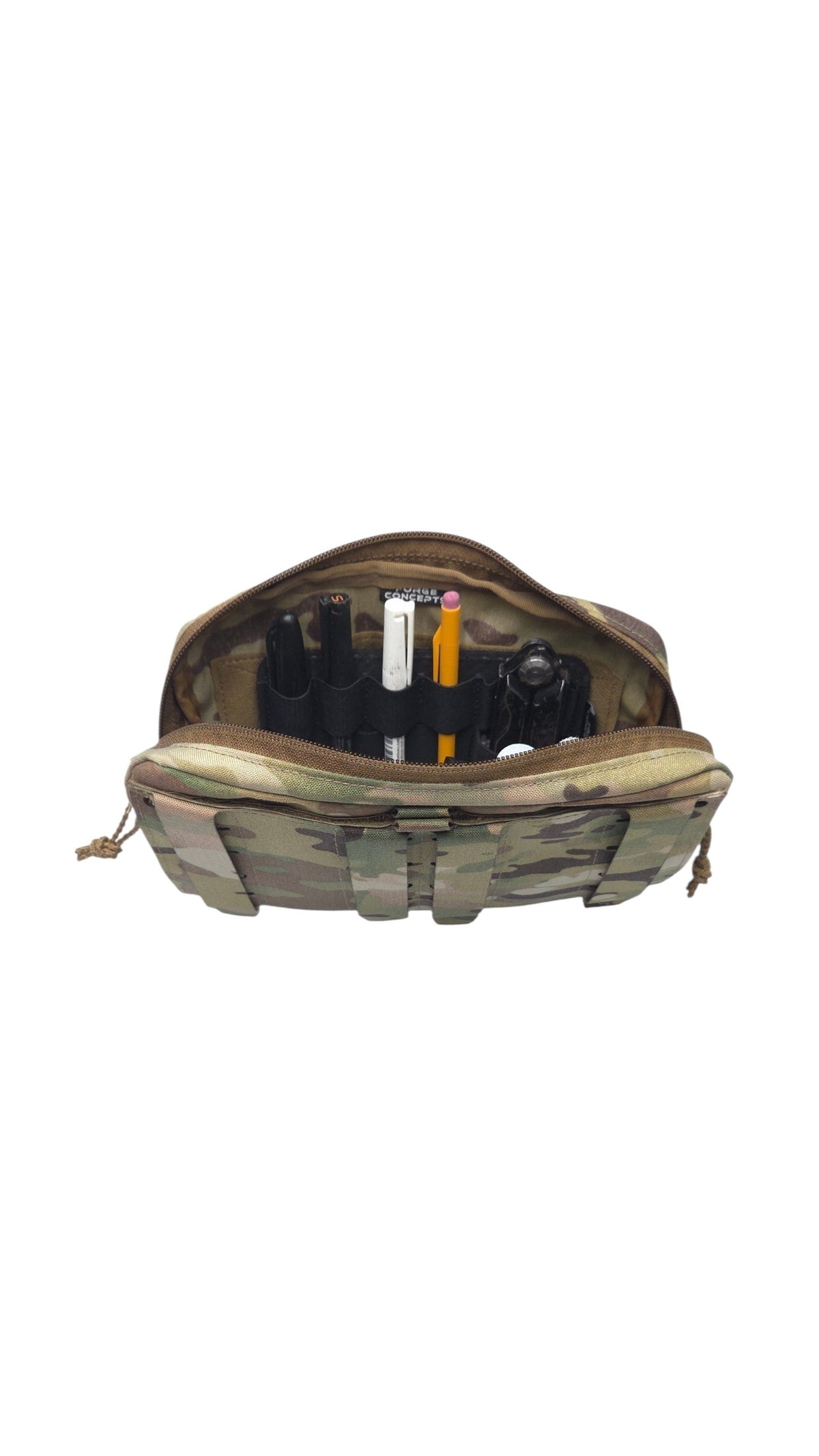 An open tactical pouch in a camouflage pattern, shown against a plain white background. Inside, a black organizer insert holds various small items including pens, tools, and accessories.