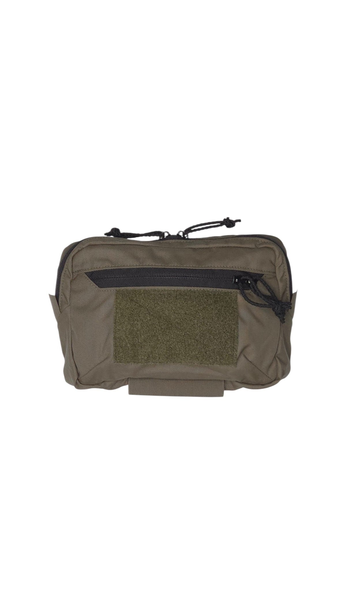 An olive drab tactical pouch with a front zipper pocket, a textured olive green velcro patch, and black zipper pulls, shown against a plain white background.