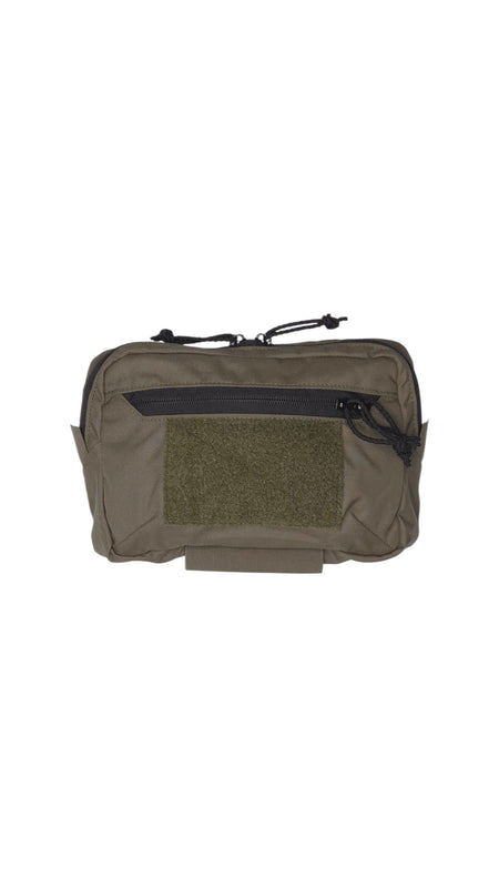 An olive drab tactical pouch with a front zipper pocket, a textured olive green velcro patch, and black zipper pulls, shown against a plain white background.