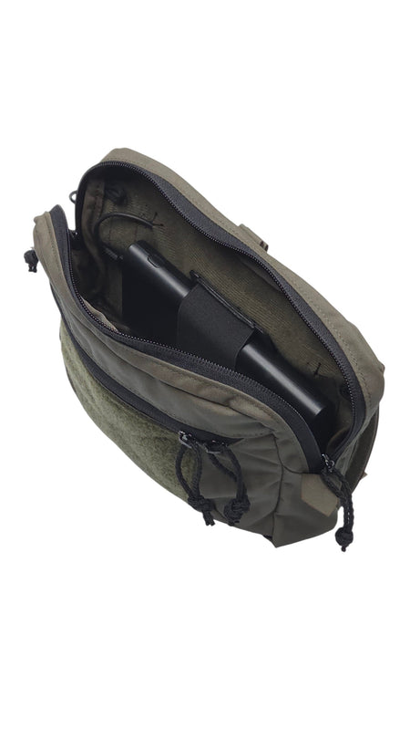 An olive green tactical pouch shown open, revealing a black cylindrical item inside, on a plain white background.