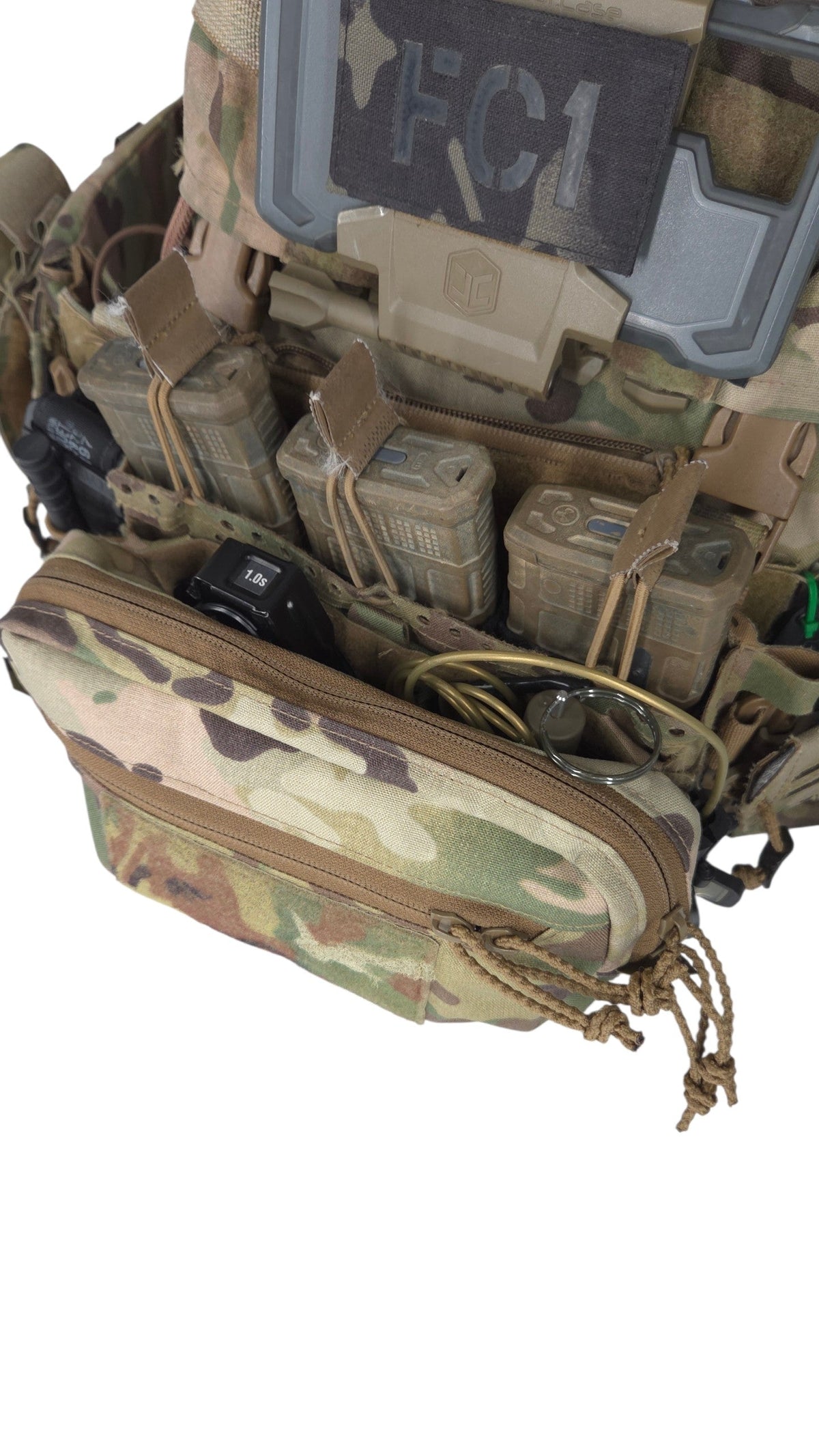 A tactical gear organizer pouch in a camouflage pattern, shown filled with various gear accessories against a plain white background.