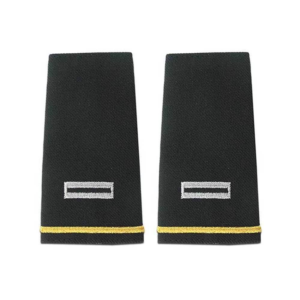 A pair of black military rank epaulets with a silver embroidered rank insignia and a yellow stripe near the bottom, shown on a plain white background.