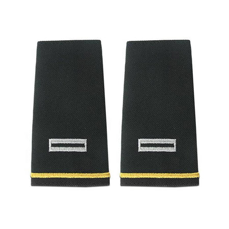 A pair of black military rank epaulets with a silver embroidered rank insignia and a yellow stripe near the bottom, shown on a plain white background.