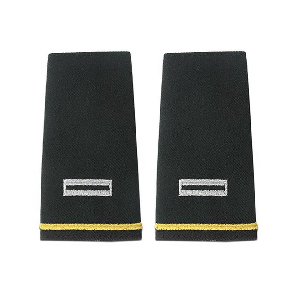 A pair of black military rank epaulets with a silver embroidered rank insignia and a yellow stripe near the bottom, shown on a plain white background.