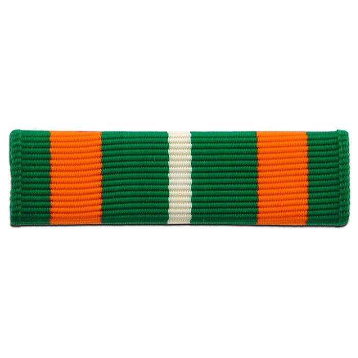 Coast Guard Achievement Ribbon with alternating green and orange stripes and a single white stripe in the center, shown on a plain white background.