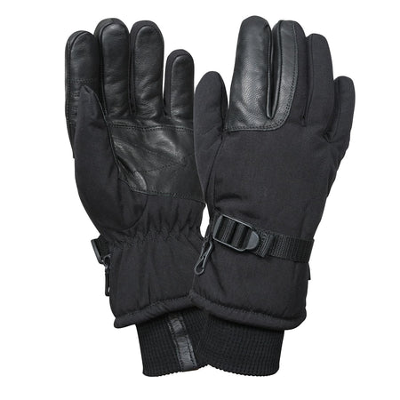 Black gloves with leather accents on a white background