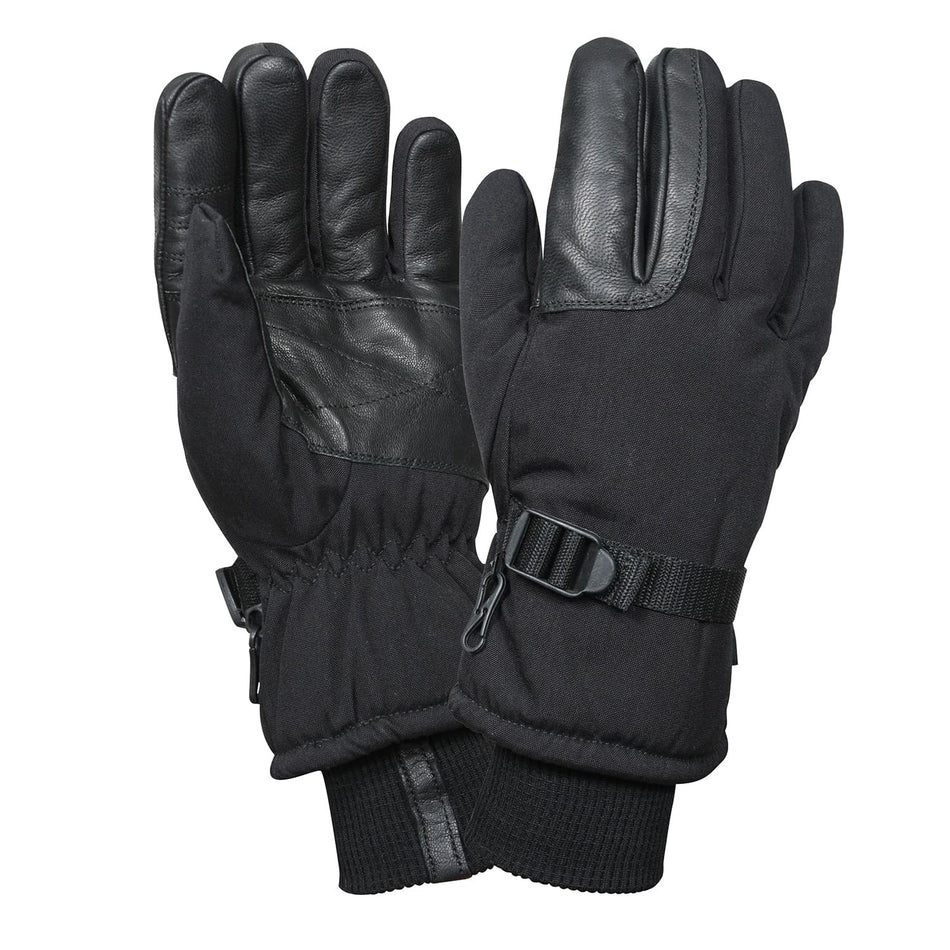 Black gloves with leather accents on a white background