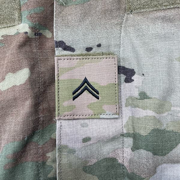 Corporal CPL Army Rank OCP Patch 2x2 Hook Fastener on Uniform