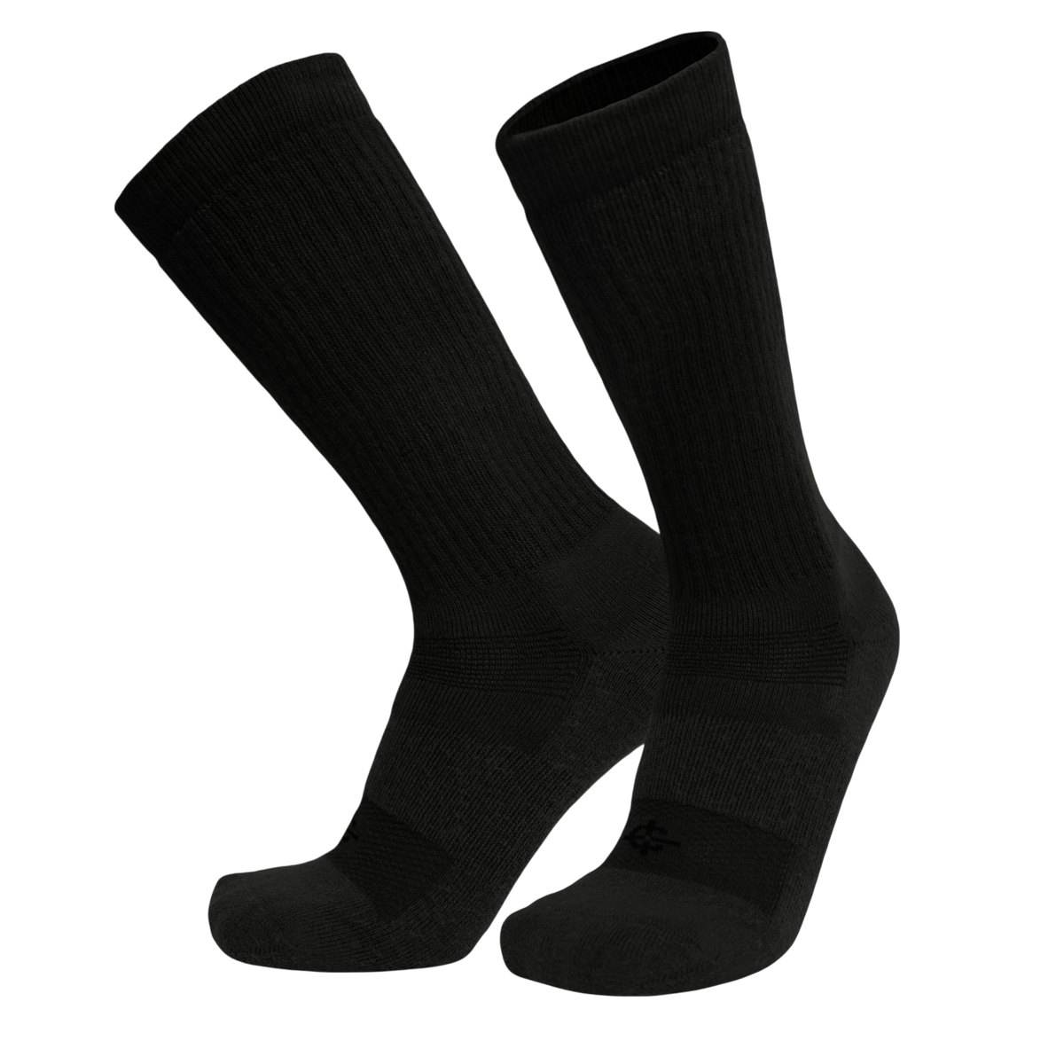 A pair of black crew-length athletic socks shown against a plain white background.