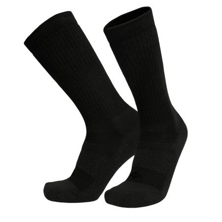 A pair of black crew-length athletic socks shown against a plain white background.