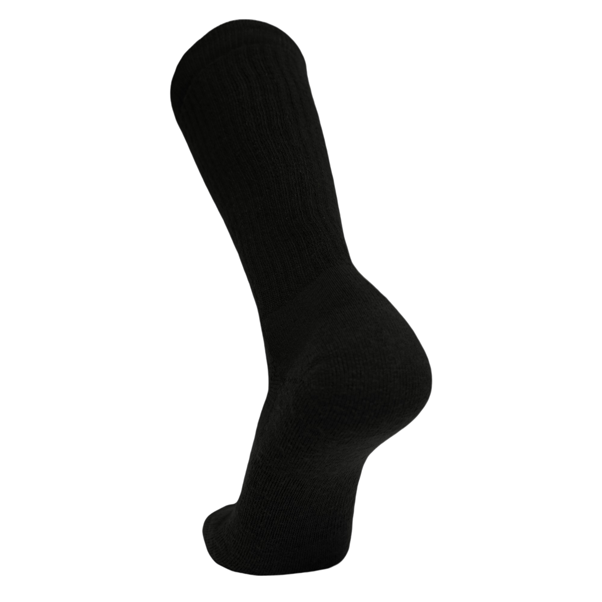 A single black ribbed crew sock shown on a white background, styled as if worn on a foot.