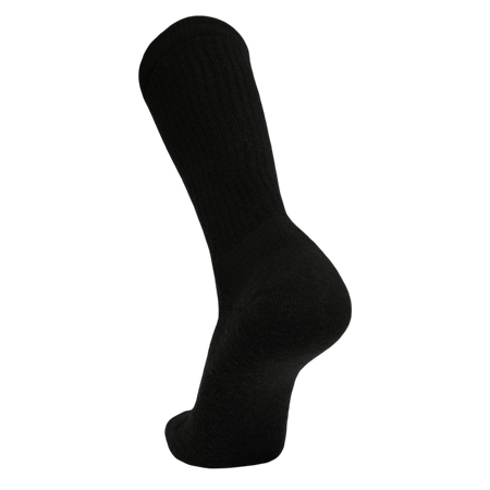 A single black ribbed crew sock shown on a white background, styled as if worn on a foot.