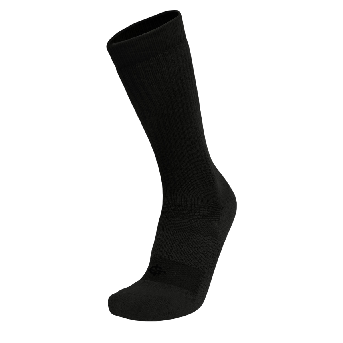 A single black crew-length athletic sock shown on a clean white background.