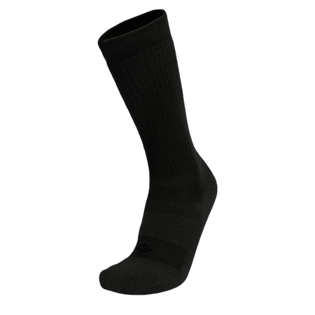 A single black crew-length athletic sock shown on a clean white background.