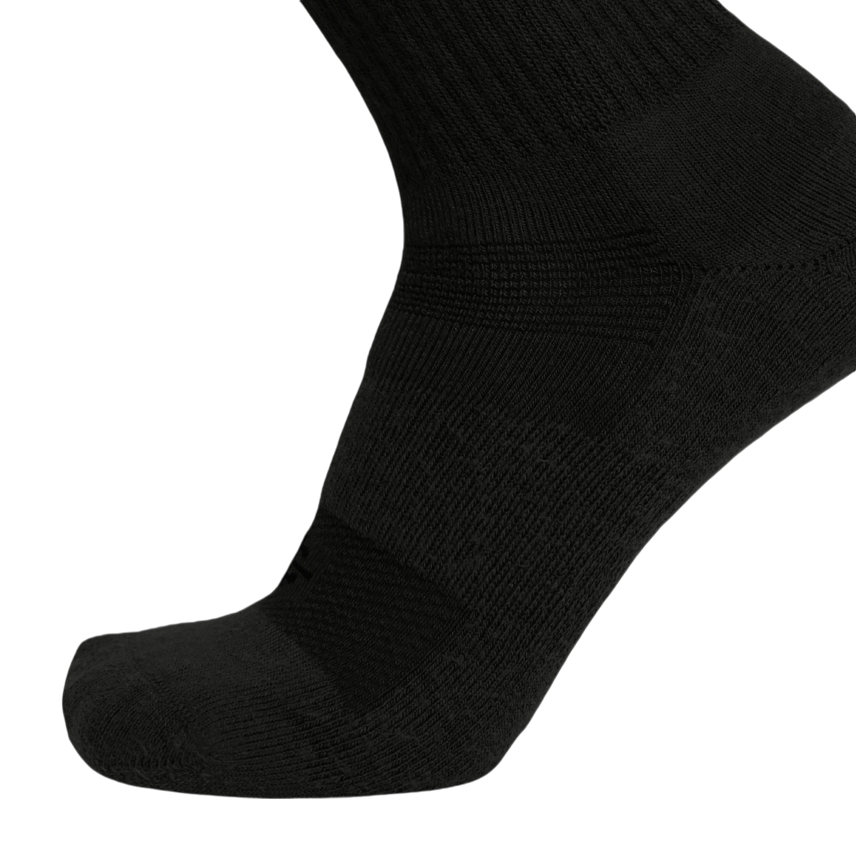 An olive green athletic sock shown on a foot form, highlighting its ribbed knit texture and reinforced zones on the toe and arch, set against a plain white background.