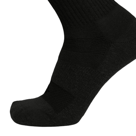 An olive green athletic sock shown on a foot form, highlighting its ribbed knit texture and reinforced zones on the toe and arch, set against a plain white background.
