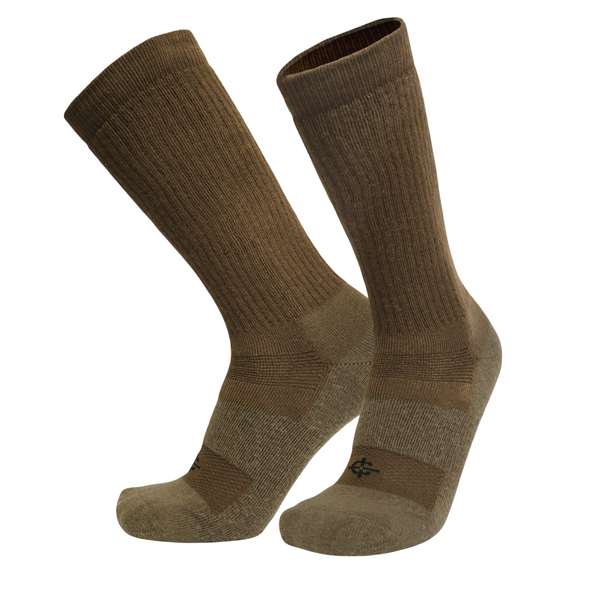 A pair of ribbed crew socks in earthy brown and tan tones, shown on a plain white background.
