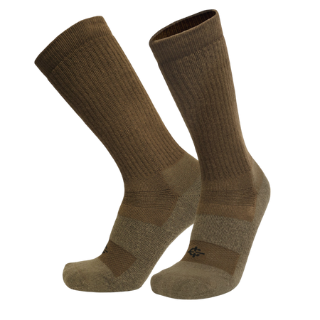 A pair of ribbed crew socks in earthy brown and tan tones, shown on a plain white background.