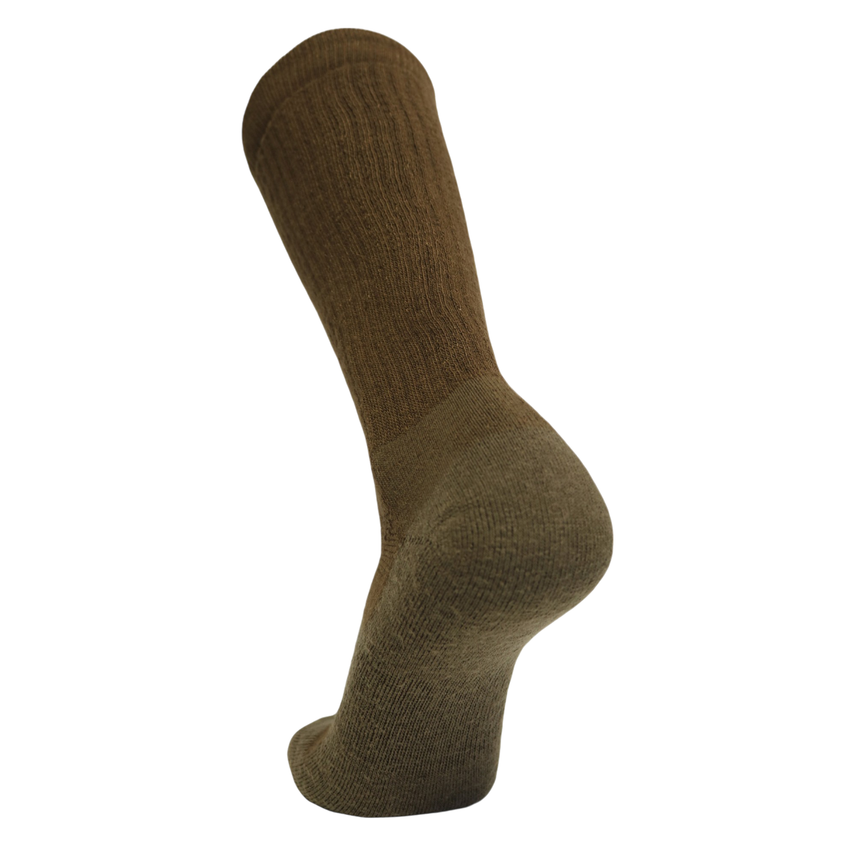 An olive green ribbed crew sock displayed on a foot-shaped mannequin form against a plain white background.