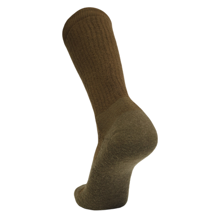 An olive green ribbed crew sock displayed on a foot-shaped mannequin form against a plain white background.
