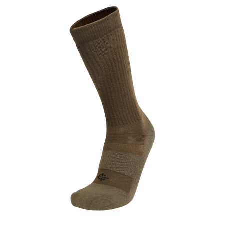 A single mid-calf athletic sock in a solid brown color, shown from a three-quarters angle on a plain white background.