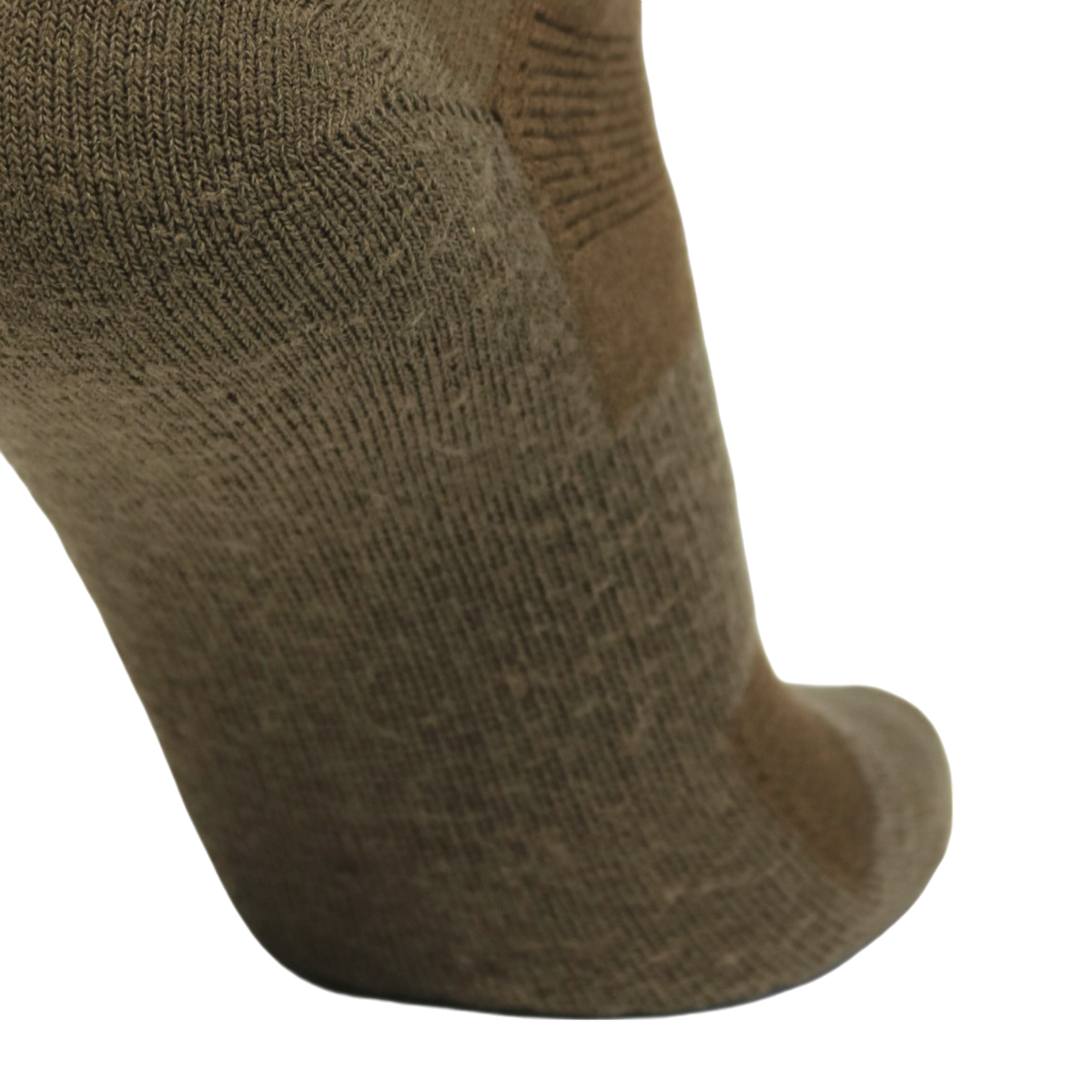 A close-up of a single knit sock in a muted taupe-brown color, showing the textured fabric and heel-to-toe shape against a plain white background.