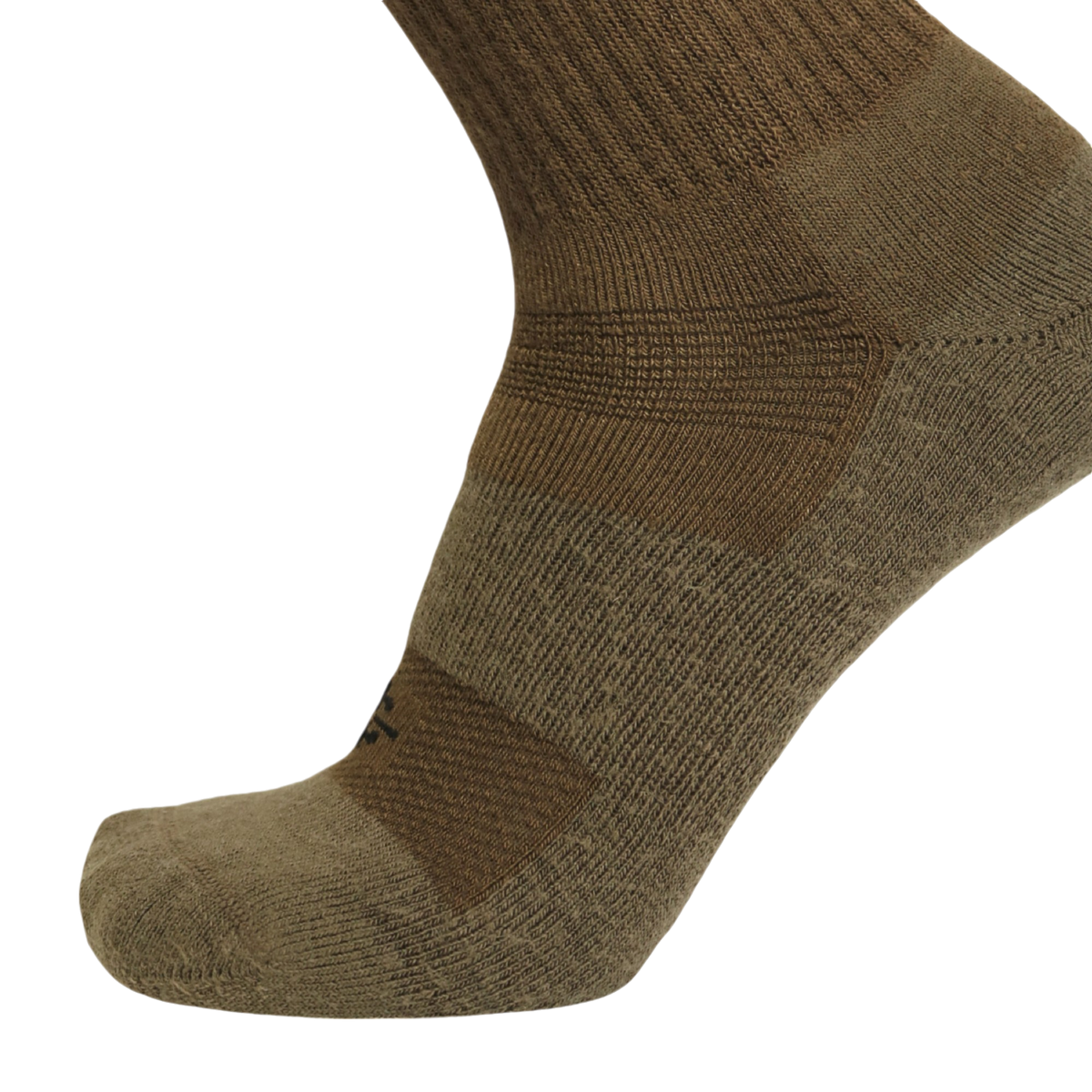 An olive green athletic sock shown on a foot form, highlighting its ribbed knit texture and reinforced zones on the toe and arch, set against a plain white background.