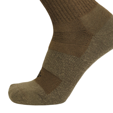 An olive green athletic sock shown on a foot form, highlighting its ribbed knit texture and reinforced zones on the toe and arch, set against a plain white background.