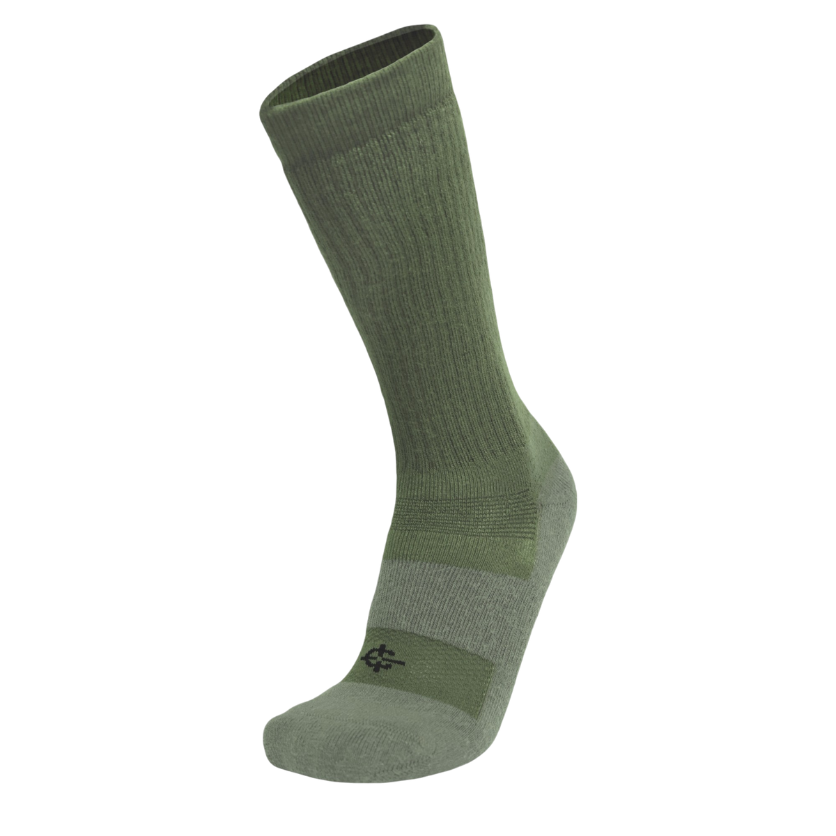 An olive green crew-length athletic sock with a ribbed cuff and a lighter gray-green toe and heel section, shown on a plain white background.