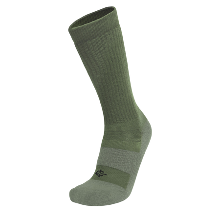 An olive green crew-length athletic sock with a ribbed cuff and a lighter gray-green toe and heel section, shown on a plain white background.