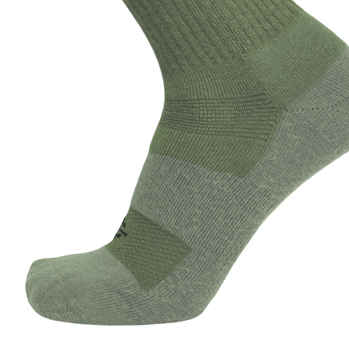 An olive green athletic sock shown on a foot form, highlighting its ribbed knit texture and reinforced zones on the toe and arch, set against a plain white background.