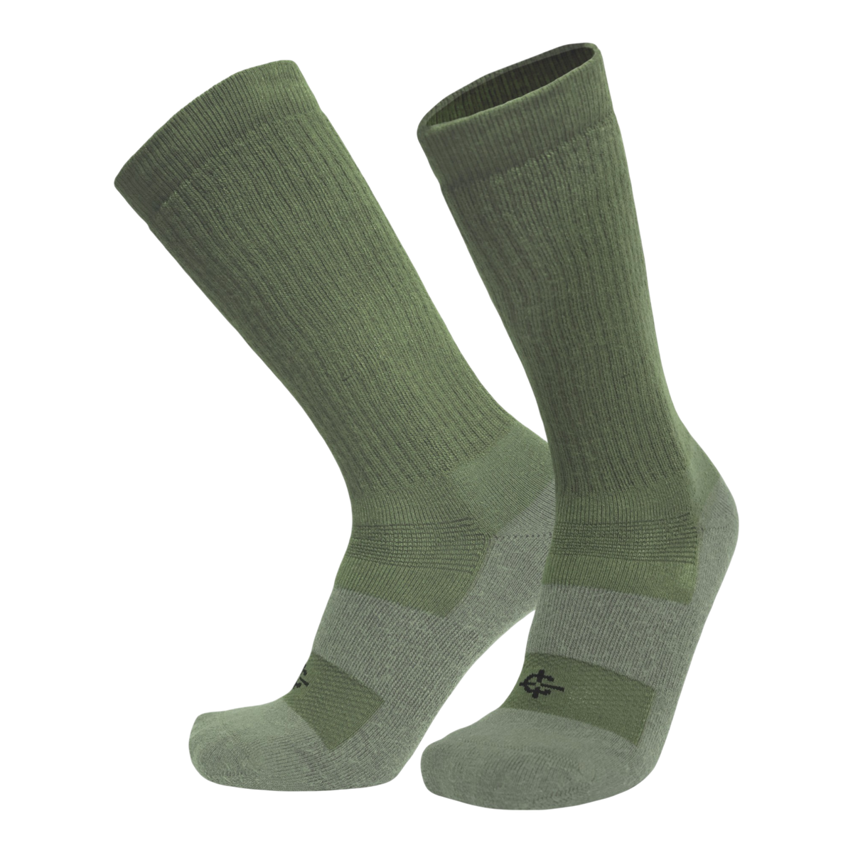 A pair of crew-length athletic socks in olive green with heather gray compression zones and a small black logo near the toes, shown on a plain white background.