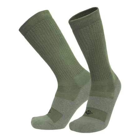A pair of crew-length athletic socks in olive green with heather gray compression zones and a small black logo near the toes, shown on a plain white background.