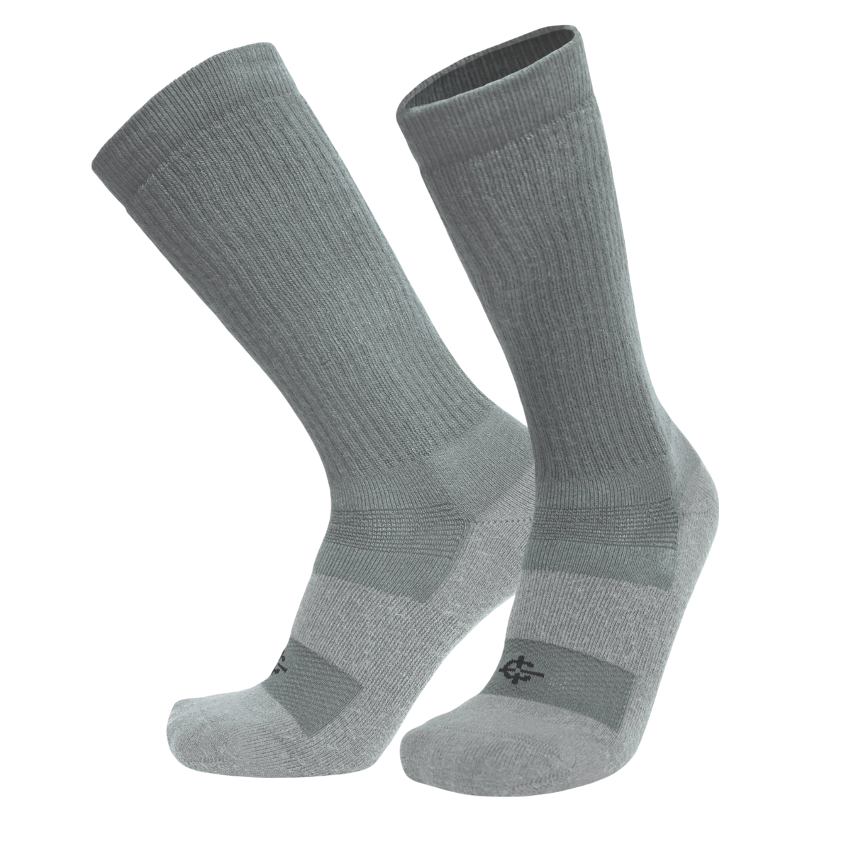 A pair of mid-calf athletic socks in heather gray with darker gray reinforced zones, shown against a plain white background.