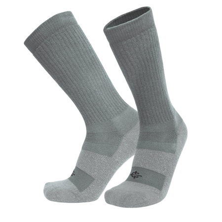 A pair of mid-calf athletic socks in heather gray with darker gray reinforced zones, shown against a plain white background.
