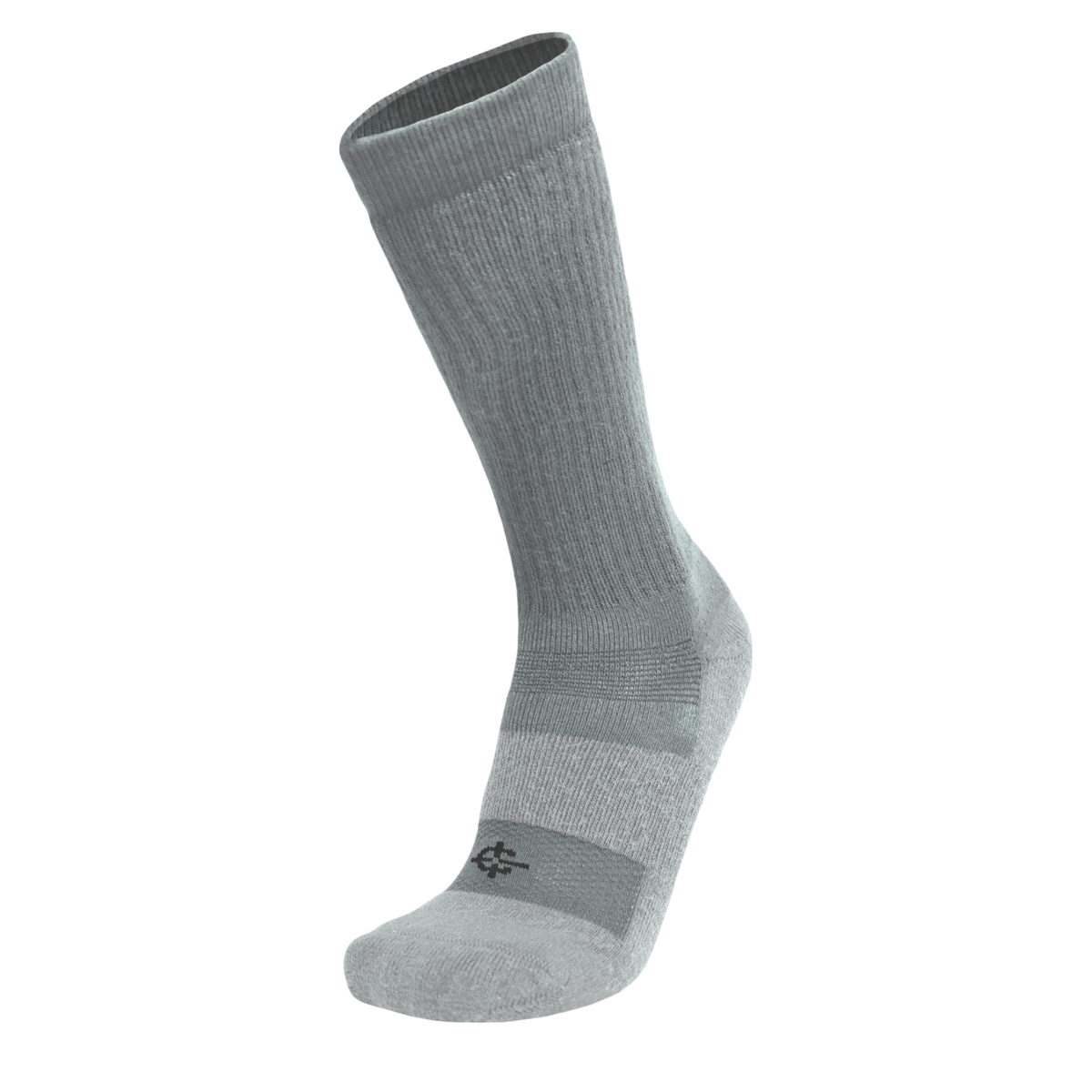 A single mid-calf athletic sock in heather gray with a darker gray stripe and logo near the toe, shown on a plain white background.