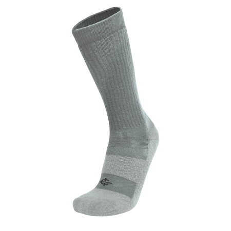 A single mid-calf athletic sock in heather gray with a darker gray stripe and logo near the toe, shown on a plain white background.