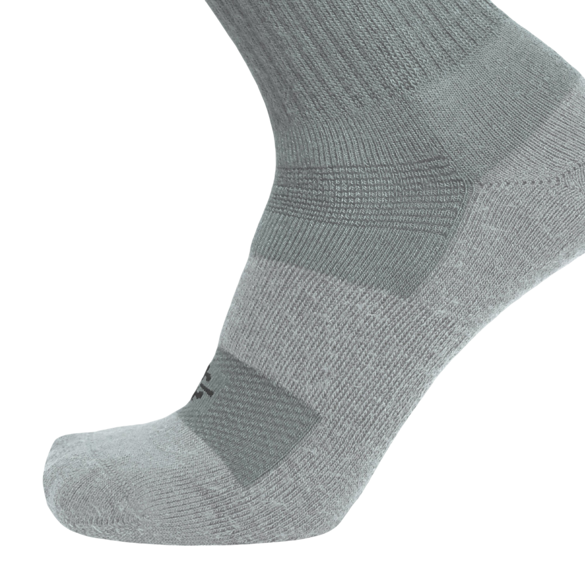 An olive green athletic sock shown on a foot form, highlighting its ribbed knit texture and reinforced zones on the toe and arch, set against a plain white background.