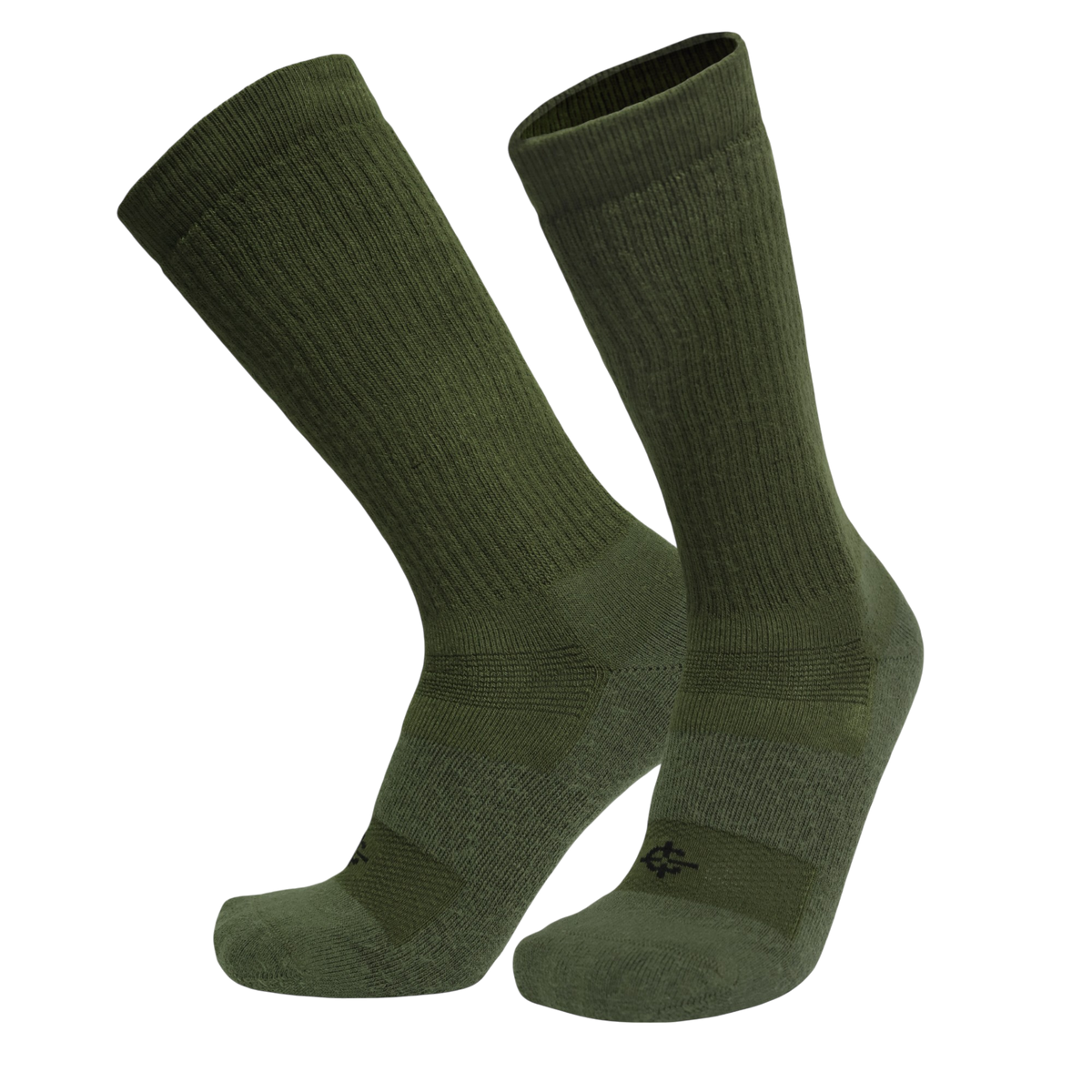 A pair of ribbed crew socks in olive green, shown against a plain white background.