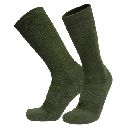 A pair of ribbed crew socks in olive green, shown against a plain white background.