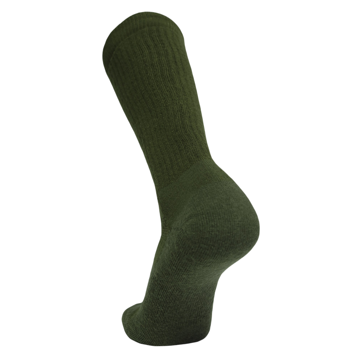 An olive green ribbed crew sock displayed on a foot-shaped mannequin form against a plain white background.