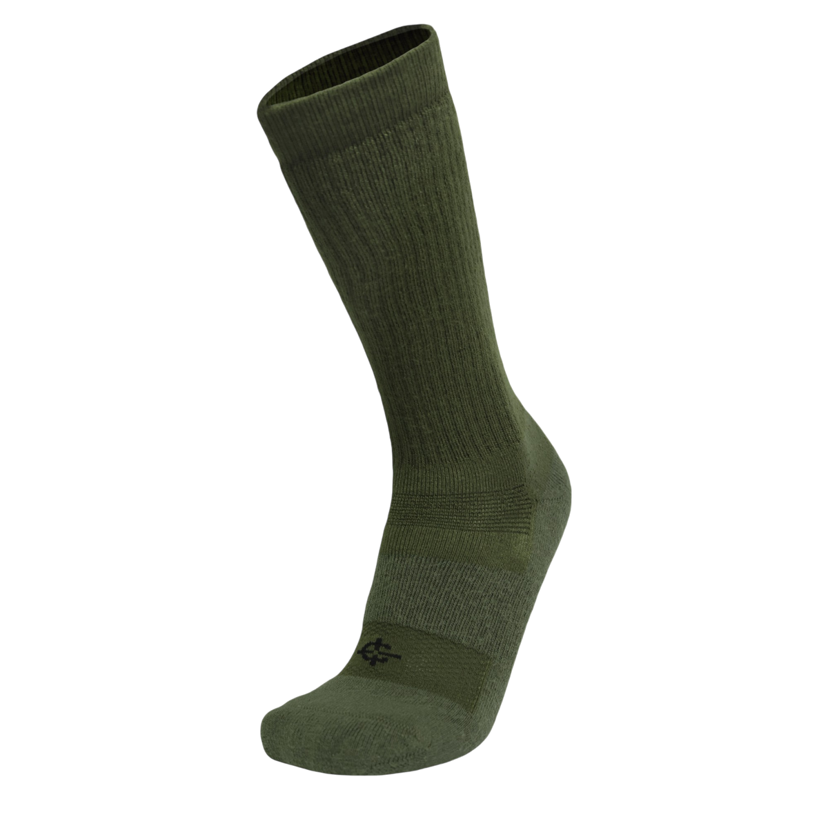 An olive green crew-length athletic sock with a ribbed cuff and a small black logo on the toe, shown against a plain white background.