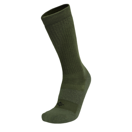 An olive green crew-length athletic sock with a ribbed cuff and a small black logo on the toe, shown against a plain white background.