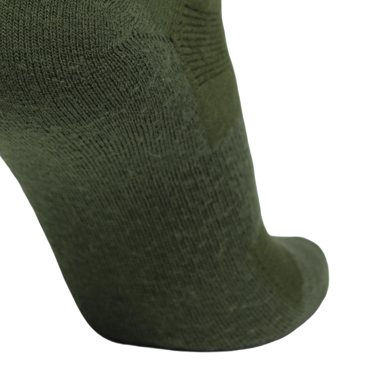 Close-up of an olive green knit sock showing the ribbed heel and toe details against a plain white background.