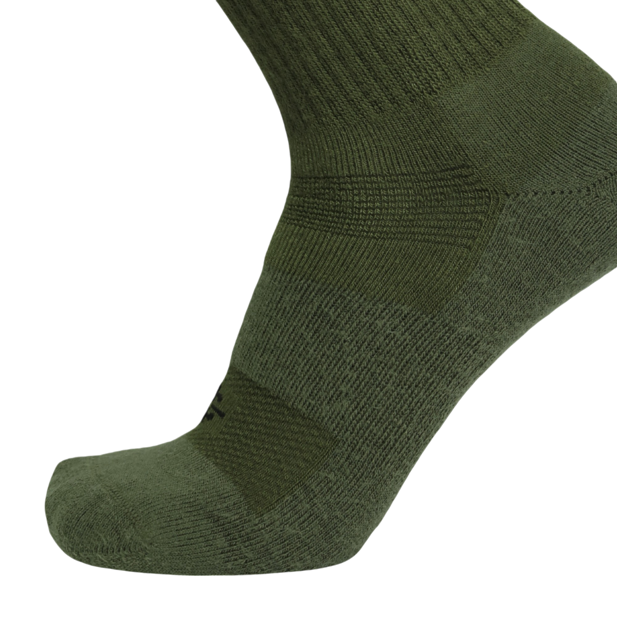 An olive green athletic sock shown on a foot form, highlighting its ribbed knit texture and reinforced zones on the toe and arch, set against a plain white background.